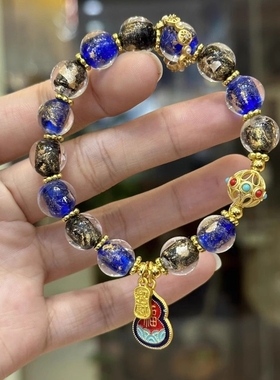 蓝黑色金银箔转运珠福字葫芦手链香灰瓷琉璃潘家园寺庙福禄手串
