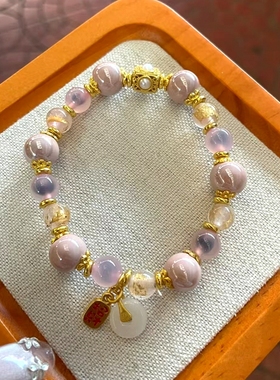 北京景区粉瓷半糖金箔糖心玛瑙潘家园手链香灰瓷琉璃平安扣手串