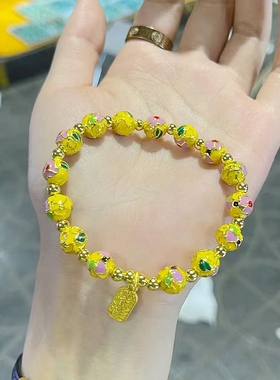 黄色景泰手链潘家园转运珠香灰瓷琉璃繁花系列掐丝景区手串礼物