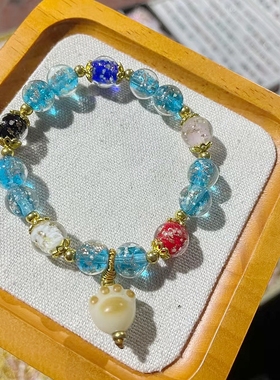 北京景区蓝金沙琉璃潘家园纳福吉祥手链香灰琉璃梦幻夜光猫抓手串