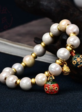 珍珠白色香灰瓷吞金兽一家三口手串女手链饰品礼物