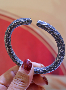 纯手工999足银锤纹手镯男女情侣