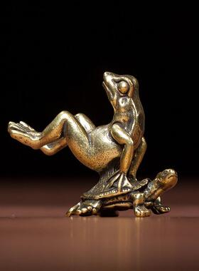 仿古实心纯黄铜创意仙鹤小摆件龟蛙茶宠手把件微雕古玩铜器工艺品