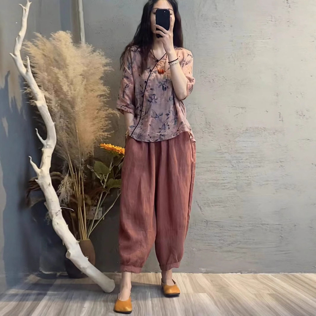 时尚大码棉麻套装女夏季新款宽松显瘦印花拼接上衣哈伦裤两件套装,淘宝优惠券,粉丝福利购,淘宝优惠卷