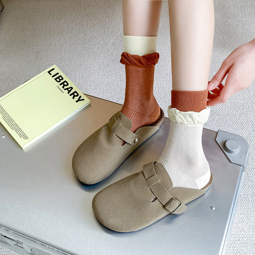 网眼夏天双罗口卷边薄款AB鸳鸯纯色日系街头网红风ins中筒袜女 - 图0