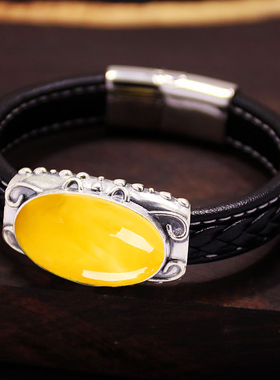 s925皮绳手镯空托diy松石18*30