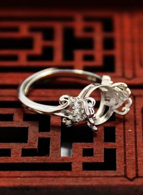 diy可旋转珠子心形蜜蜡戒指空托