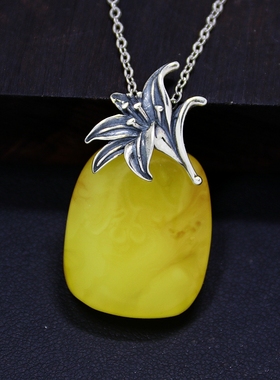 纯银吊坠百合花DIY琥珀玉石镶嵌