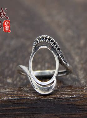 纯银定做开口复古镶嵌琥珀戒指托