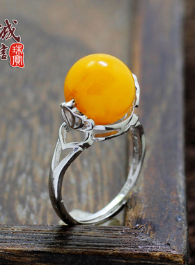 diy纯银可旋转珠子蜜蜡戒指空托