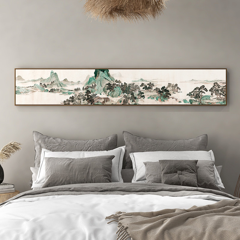 富春山居图挂画客厅山水国画新中式卧室床头装饰画横版背景墙壁画_虎窝淘
