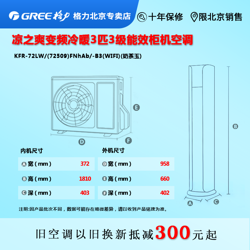 格力空调凉之爽变频冷暖大3匹3级柜机KFR72LW/(72509)FNhAbB3省电 - 图1