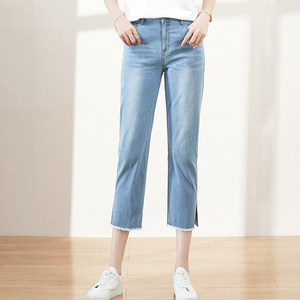 逸阳女裤2024夏季新款时尚贴身薄牛仔裤女毛边百搭直筒八分凉短裤