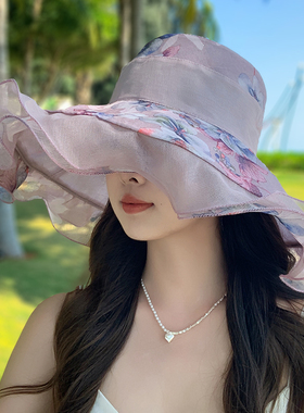 户外出游太阳帽子大檐碎花朵女夏
