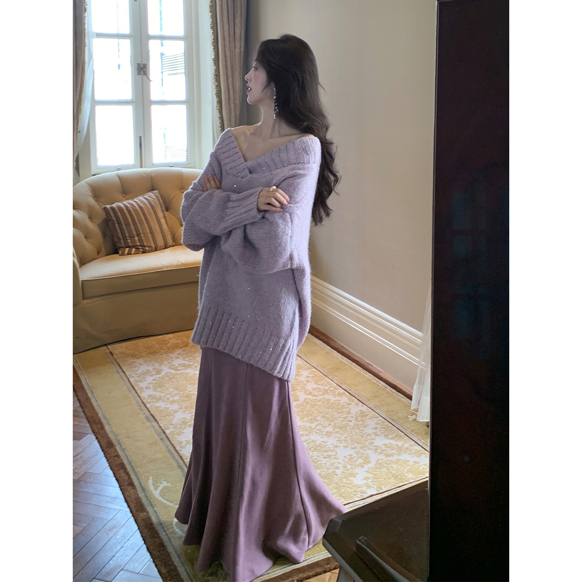 SYT自制 人棉6片斜裁鱼尾高腰半身裙女简约百搭纯欲慵懒风中长裙 - 图0