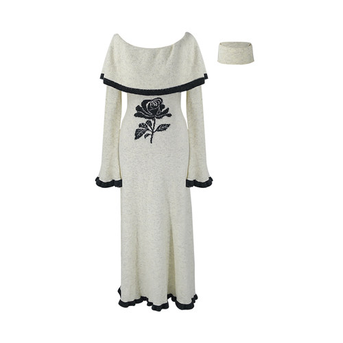 SYT自制 大圆领围脖花朵羊毛针织连衣裙女冬喇叭袖收腰A型修身裙 - 图3