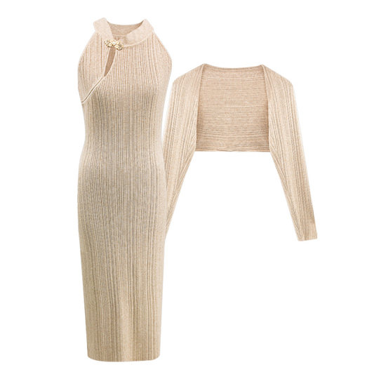 SYT自制 新中式旗袍针织套装连衣裙女秋冬修身显瘦裙短披肩两件套