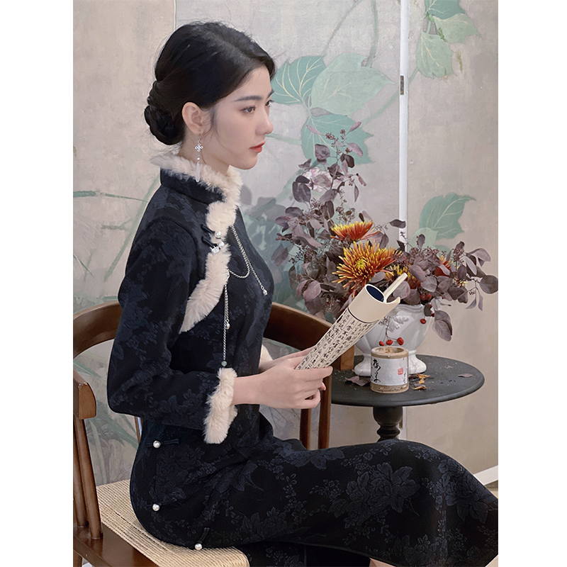 小乔旗袍冬季加厚黑色古法新中式气质秋冬2025新款年轻款少女国风 - 图1