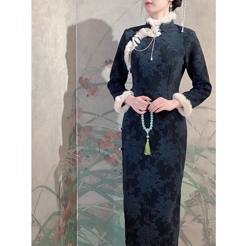 小乔旗袍冬季加厚黑色古法新中式气质秋冬2025新款年轻款少女国风 - 图0