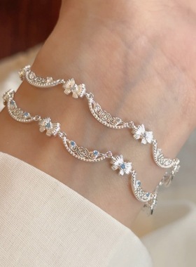 Lucky K S925纯银甜美花丝蝴蝶结手链小众设计轻奢镶嵌蓝色锆石