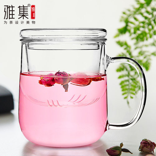雅集悠觉杯办公耐热玻璃花茶杯带把盖过滤茶水分离泡茶家用女杯子 - 图0