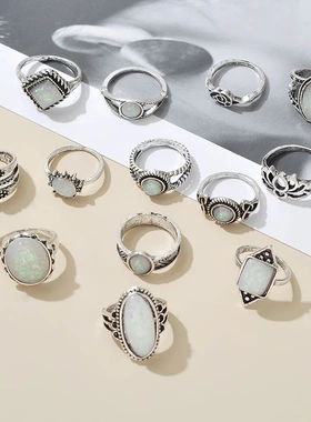 Bohemian Opal Stone Rings Sets For Women Antique Carving