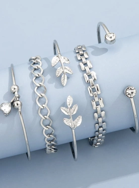 Bohemian Silver Color Geometric Link Chain Bracelet Set For