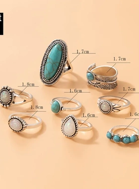 Vintage Green Stone Geometric Rings Set For Women Retro