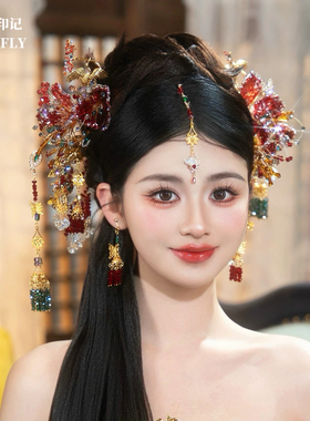 金红色秀禾头饰浅色新中式新娘婚礼水凝胶花朵发饰重工减龄高级感