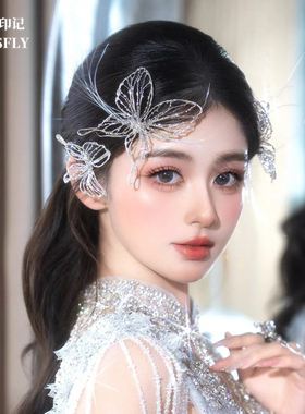 镂空银色蝴蝶发簪套装新娘头饰发饰婚纱礼服配饰品超仙女婚礼百搭