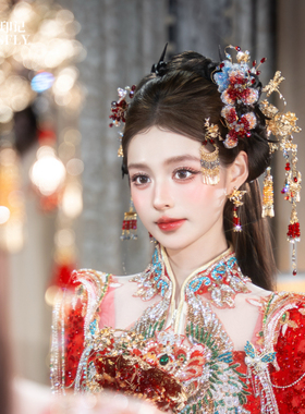 金红蓝新中式新娘厚水晶胶头饰秀禾旗袍晨袍发饰减龄显脸小高级感