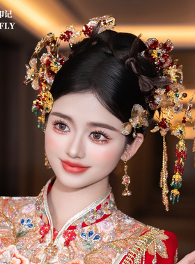 新娘金红色秀禾头饰旗袍晨袍汉服减龄灵动重工新中式婚礼发饰