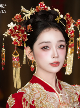 金红色秀禾新娘头饰新中式分体套装龙凤褂马面裙旗袍发饰水晶步摇