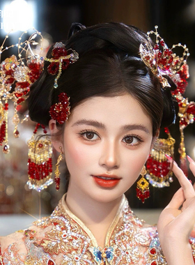 金红色秀禾新娘头饰新中式分体套装马面裙旗袍分体减龄婚礼发饰