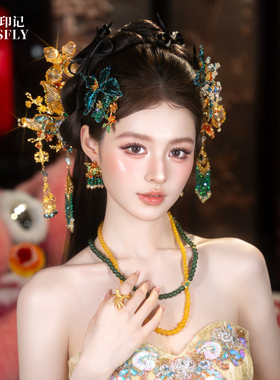 金绿色新中式新娘蝴蝶缠花头饰秀禾旗袍晨袍龙凤褂发饰高级清冷感