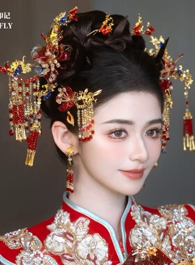 金红蓝色秀禾头饰新娘旗袍汉服新中式水凝胶花朵分体套装发饰减龄