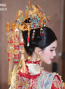 汉服凤冠金红蓝色新娘发冠