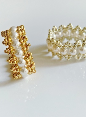 皇冠珍珠法式蕾丝串珠戒指