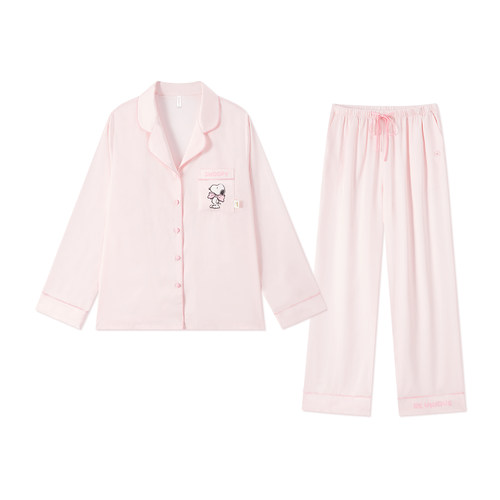 史努比冰丝睡衣女款秋冬防凸点丝绸秋天长袖带胸垫家居服套装秋季 - 图0