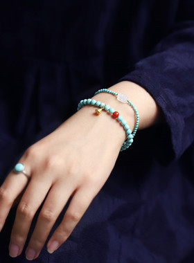 青白辞|绿松石手串5mm圆珠单圈中式佛珠南红14k镶金饰品简约手链