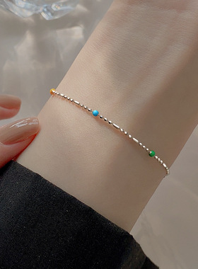 精致夏天|925纯银多巴胺项链轻奢碎银子叠戴IU同款彩珠锁骨链手链