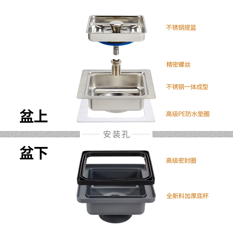 不锈钢水槽方形下水器带提篮过滤隔渣防臭下水管排水管下水头配件-图1