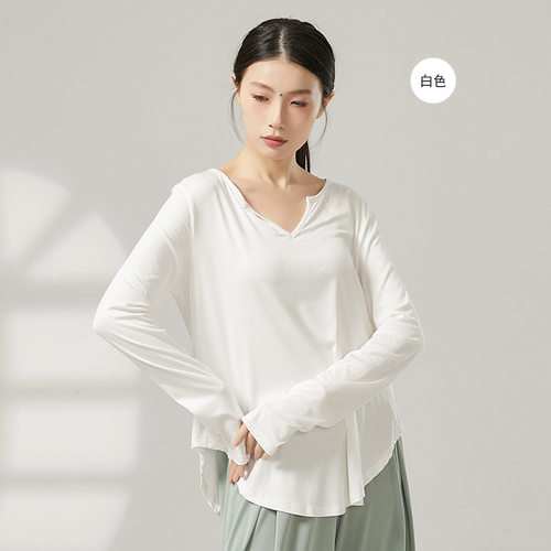 轻柔莫代尔棉T恤女宽松舒适飘逸V领练功服现代舞服弧形摆基训上衣 - 图2