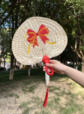 度假风手工编织草扇刺绣花蝶结