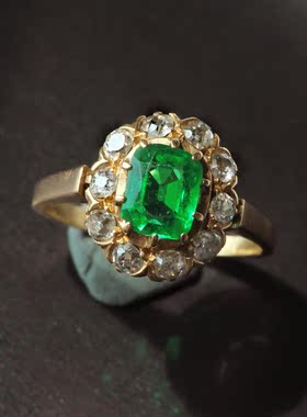 18K金祖母绿玫瑰钻石古董珠宝