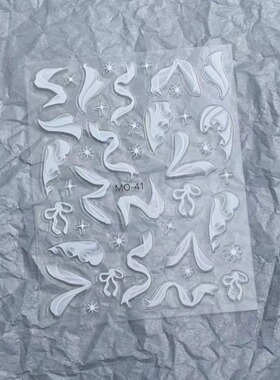 新款美甲贴纸烟雾白色羽毛飘带蝴蝶结贴纸立体浮雕款美甲指甲贴纸