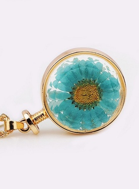 欧美潮流天然植物干花项链蓝色雏菊花朵玻璃吊坠甜美漂流瓶毛衣链