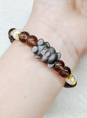 银曜石小熊琉璃手串9mm国风潮流休闲情侣手链单圈叠戴文玩饰品