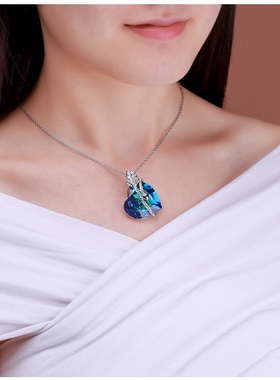 欧美经典永恒之爱镶钻羽毛海洋之心宝蓝色水晶吊坠精致锁骨链项链