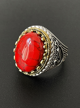 蒙古元素仿绿松石椭圆蛋面戒指